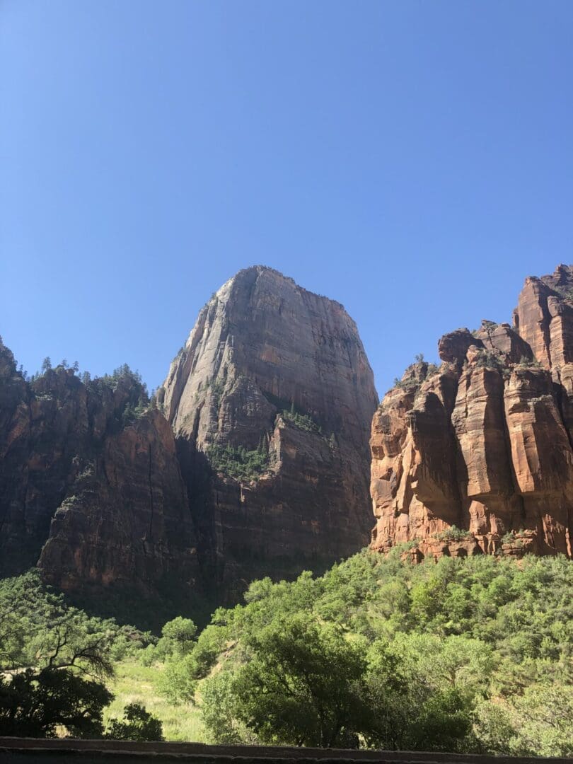 A view of some mountains with trees in the foreground.