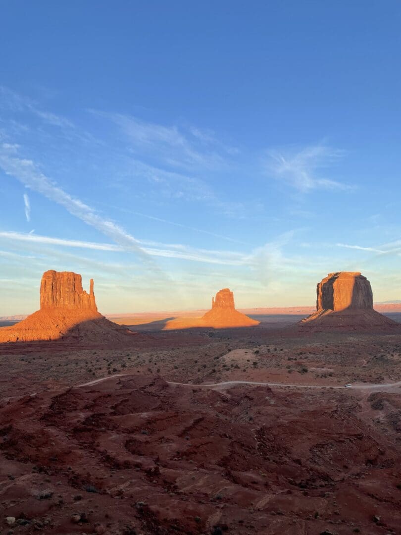 A view of the monument valley at sunset.