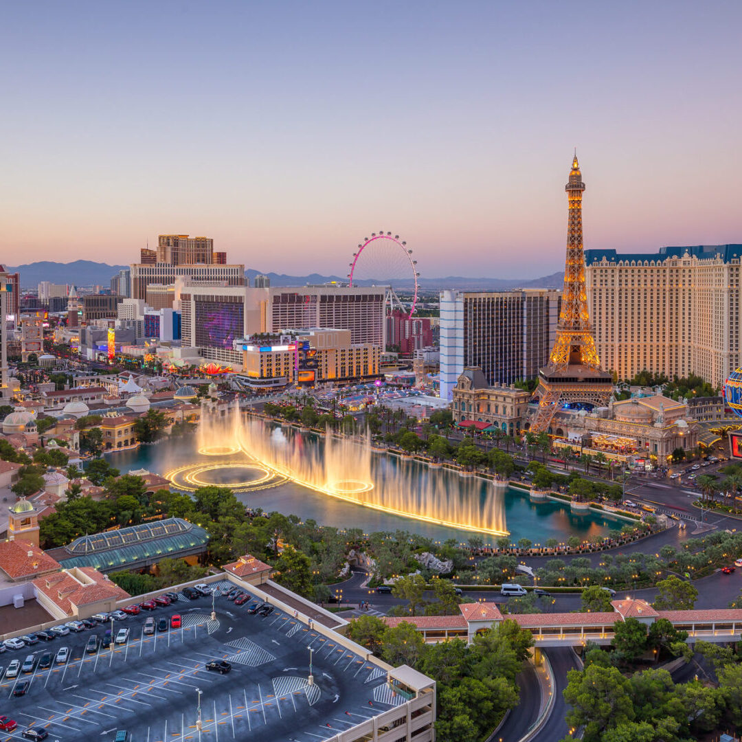 A view of the strip from above at dusk.