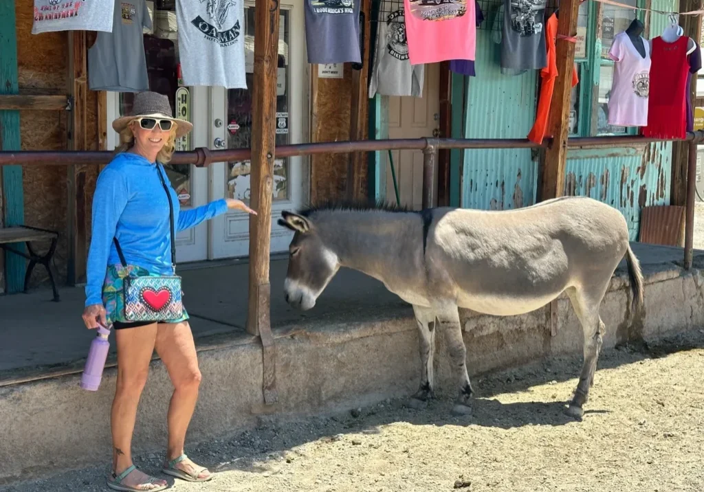 A woman standing next to a donkey on the street.